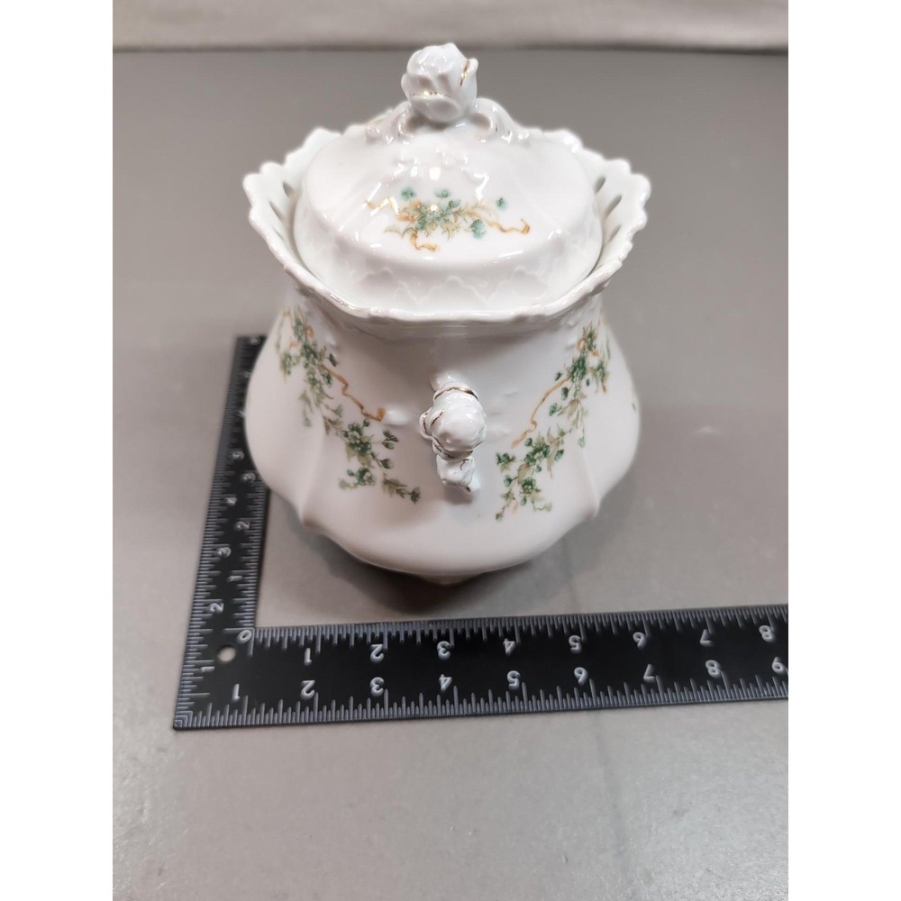 Antique Hermann Ohme Eglantine Porcelain Covered Sugar Bowl Germany Floral Gold - Picture 10 of 13
